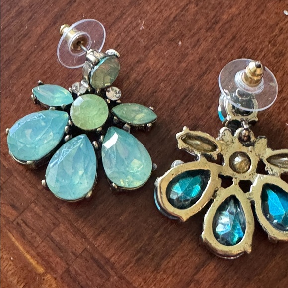 Milky Green, Blue Opalite,  Rhinestone Geometric, Iridescent Luxury Earrings - Picture 6 of 7